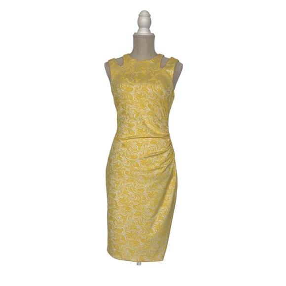 Yellow and white Cache size 2 fitted midi dress with ruche in the waist - Picture 1 of 12